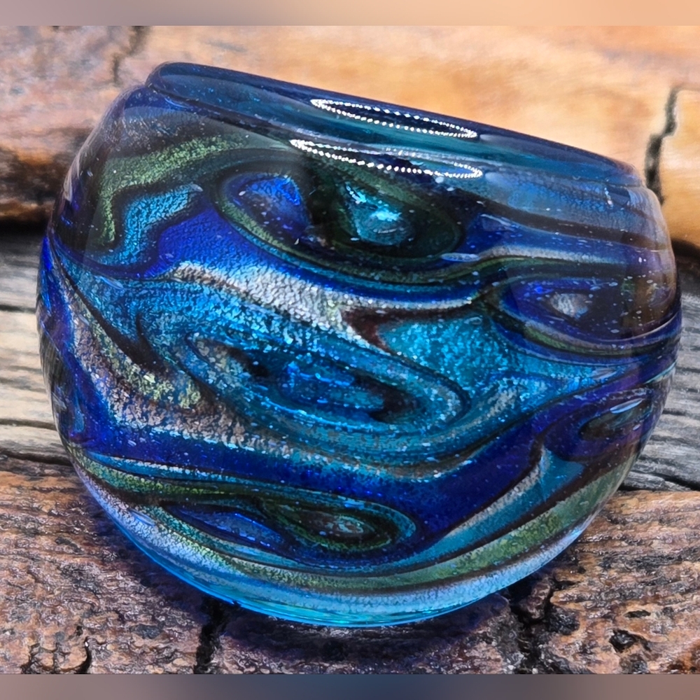 Art Glass Ring Handmade Silver Blue Green Swirls Size 6.5 Width on Top 7/8"